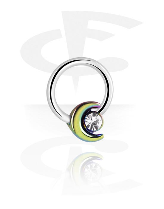 Anéis piercing, Ball closure ring (aço cirúrgico, prata, acabamento brilhante) com acessório lua e pedra de cristal, Aço cirúrgico 316L, Latão revestido