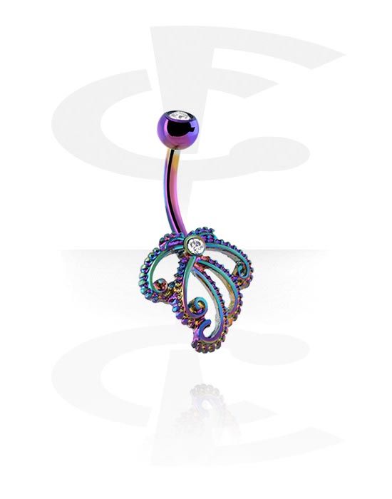 Curved Barbells, Belly button ring (surgical steel, anodised) with octopus design and crystal stone, Surgical Steel 316L, Plated Brass