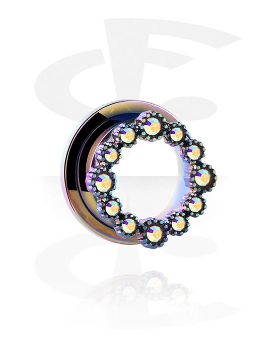 Tunnels & Plugs, Screw-on tunnel (surgical steel) with metallic look and crystal stones, Surgical Steel 316L