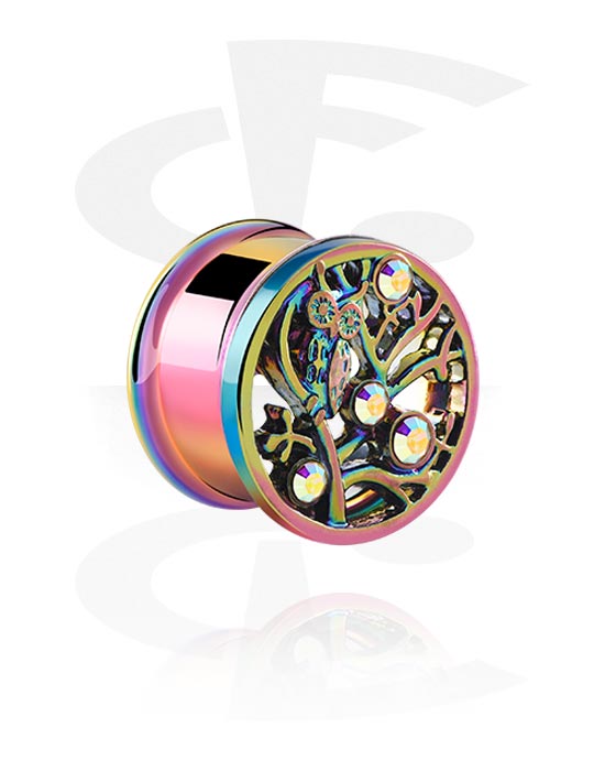 Tunnels & Plugs, Double flared tunnel (surgical steel) with metallic look and owl design, Surgical Steel 316L