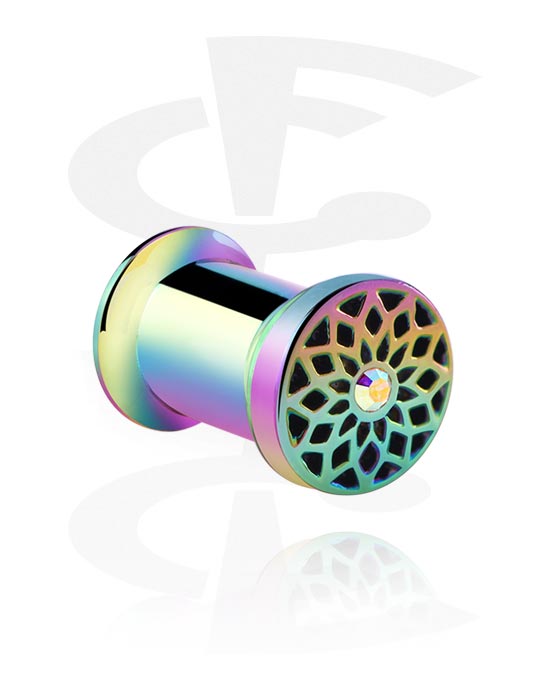 Tunnels & Plugs, Double flared tunnel (surgical steel) with metallic look and flower design, Surgical Steel 316L
