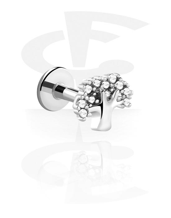Labrets, Labret (surgical steel, silver, shiny finish) with tree design and crystal stones, Surgical Steel 316L, Plated Brass