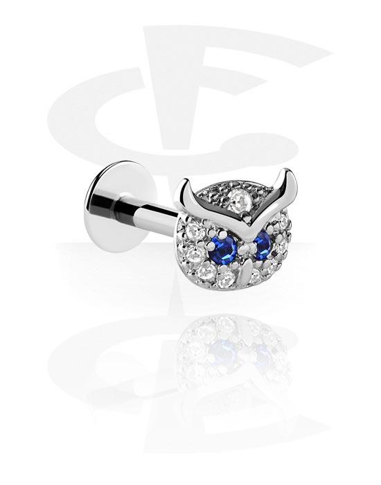 Labrets, Labret (surgical steel, silver, shiny finish) with owl design and crystal stones, Surgical Steel 316L, Plated Brass