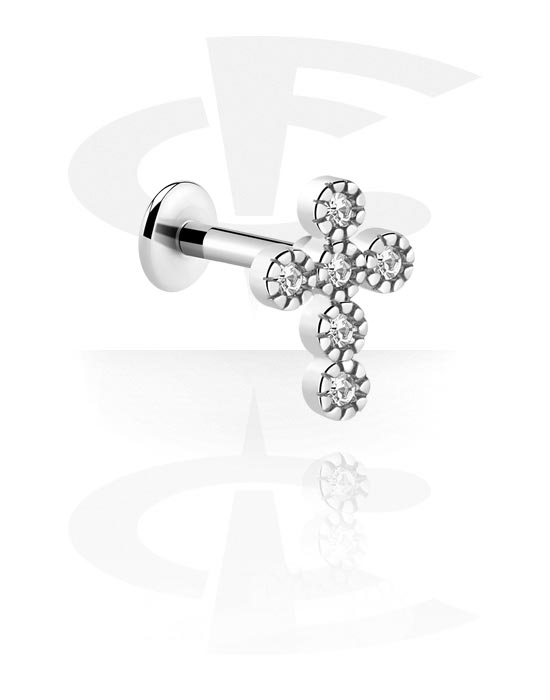Labrety, Labret (surgical steel, silver, shiny finish) s designem kříž a krystalovými kamínky, Chirurgická ocel 316L, Pokovená mosaz