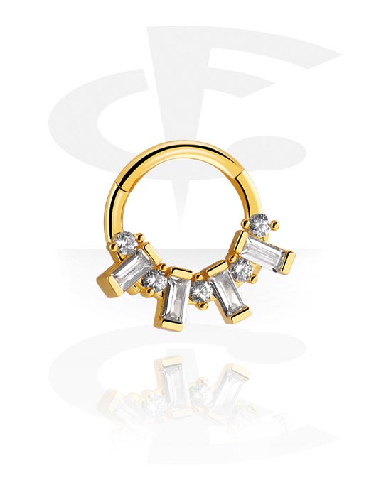 Piercing Rings, Piercing clicker (surgical steel, gold, shiny finish) with crystal stones, Gold Plated Surgical Steel 316L