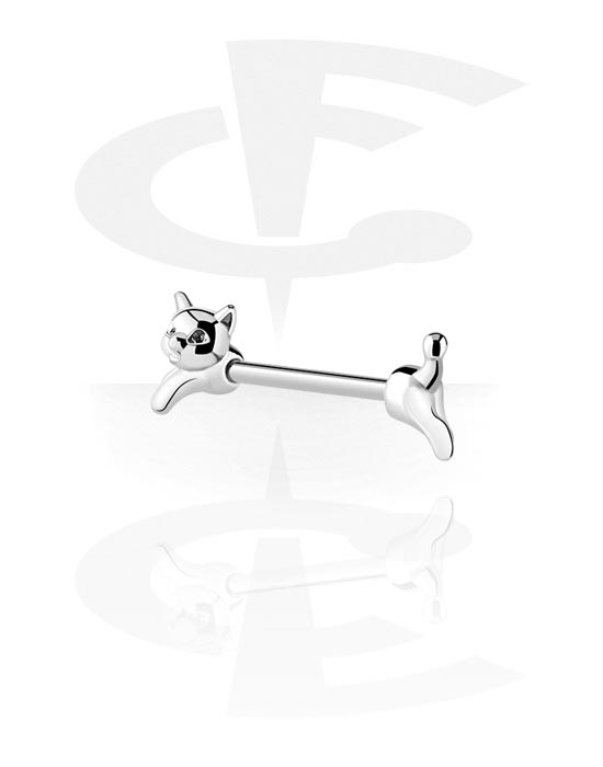 Nipple Piercings, Nipple Barbell with cat design, Surgical Steel 316L, Plated Brass