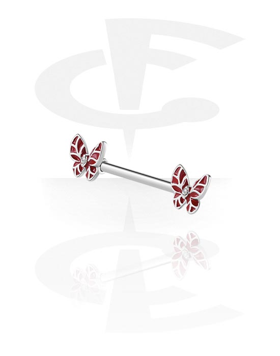 Nipple Piercings, Nipple Barbell with butterfly design and crystal stones, Surgical Steel 316L, Plated Brass