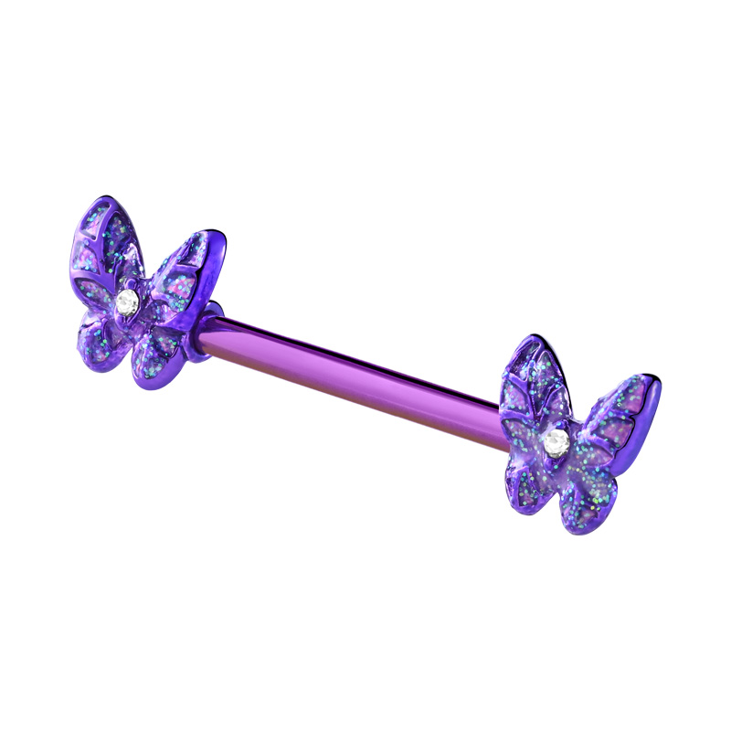 Barre pour piercing téton avec motif papillon Titane ASTM F136/Laiton plaqué Piercings téton
