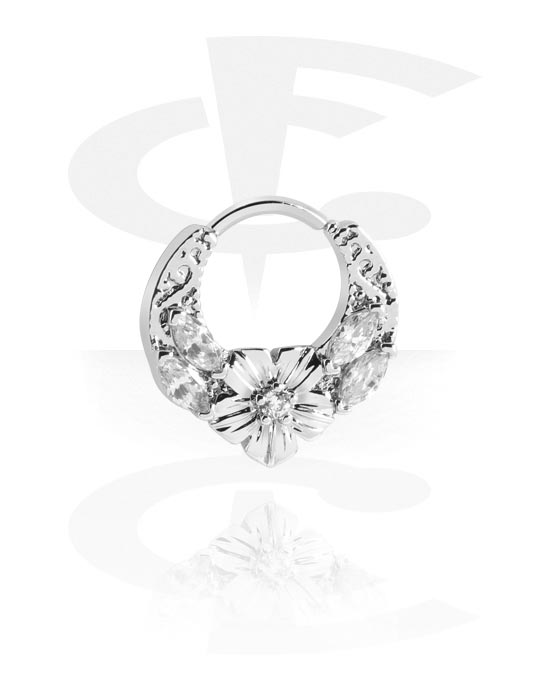 Piercingringar, Continuous ring (surgical steel, silver, shiny finish) med blommig design och kristallstenar, Kirurgiskt stål 316L