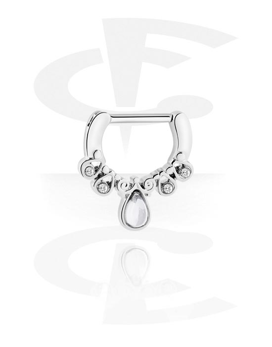 Anéis piercing, Septum clicker (aço cirúrgico, prata, brilhante) com pedras de cristal, Aço cirúrgico 316L, Latão revestido