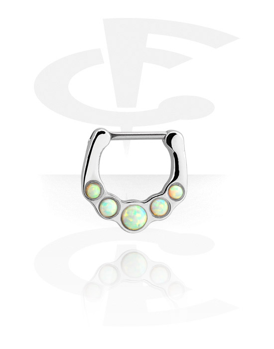 Nesestaver og -ringer, Septum-clicker (kirurgisk stål, sølv, skinnende finish) med syntetisk opal, Kirurgisk stål 316L