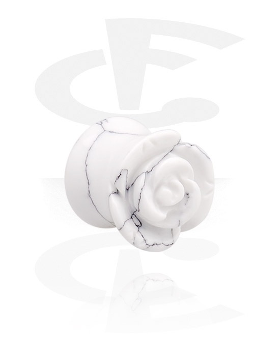 Tunnels & Plugs, Double flared plug (stone, white) with rose design, Stone