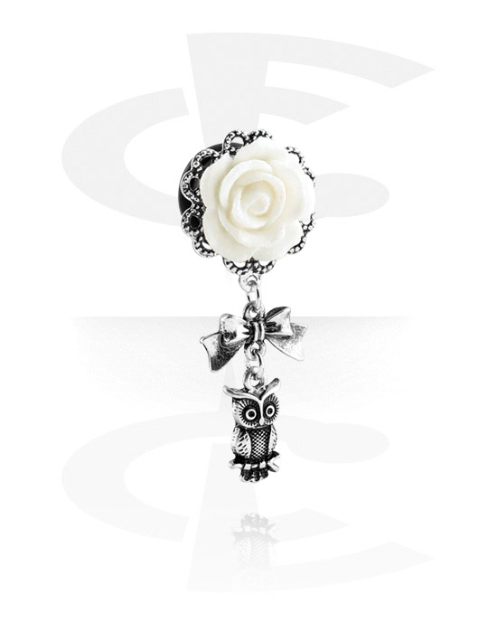Tunnels & Plugs, Double flared tunnel (surgical steel, silver, shiny finish) with rose attachment and owl charm, Surgical Steel 316L