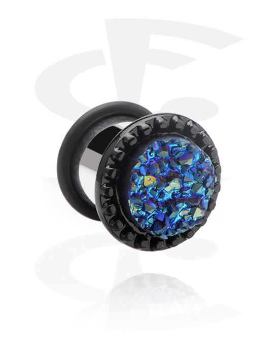 Tunnels & Plugs, Single flared plug (surgical steel, silver, shiny finish) with crystal stone and O-ring, Surgical Steel 316L