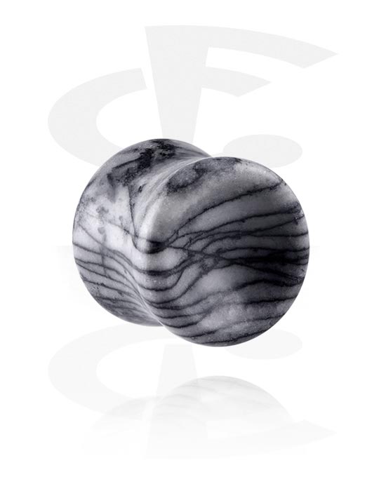 Tunnels & Plugs, Double flared plug (stone) with black and white design and concave front, Stone