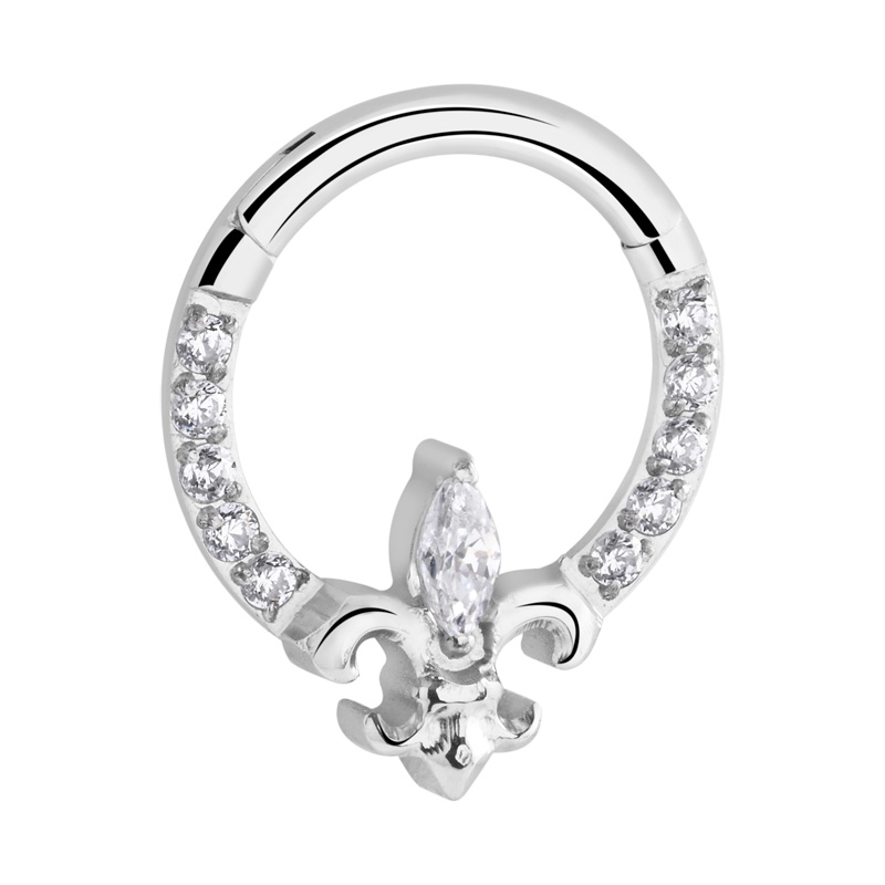 Piercing clicker (titane, argent, finition brillante) avec Fleur-de-lis design et pierres en cristal Titane ASTM F136 Anneaux