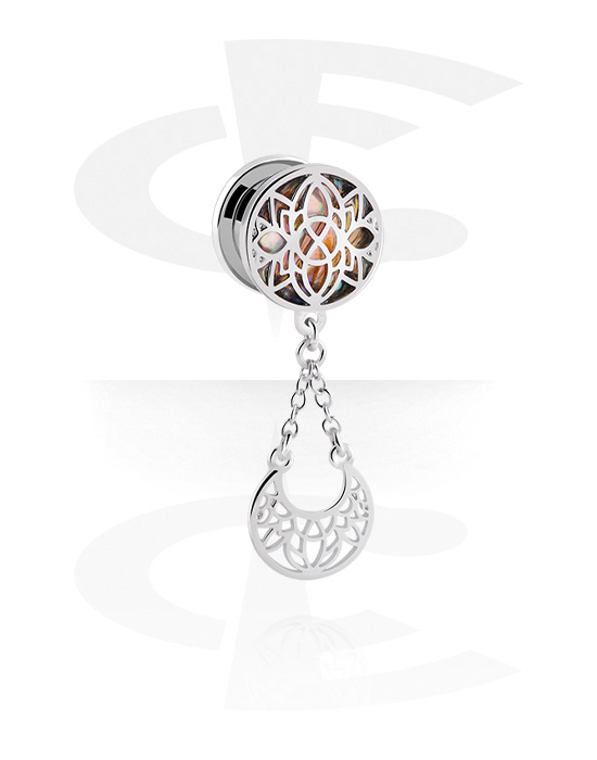 Tunnels & Plugs, Screw-on tunnel (surgical steel, silver, shiny finish) with flower design and moon attachment, Surgical Steel 316L, Plated Brass