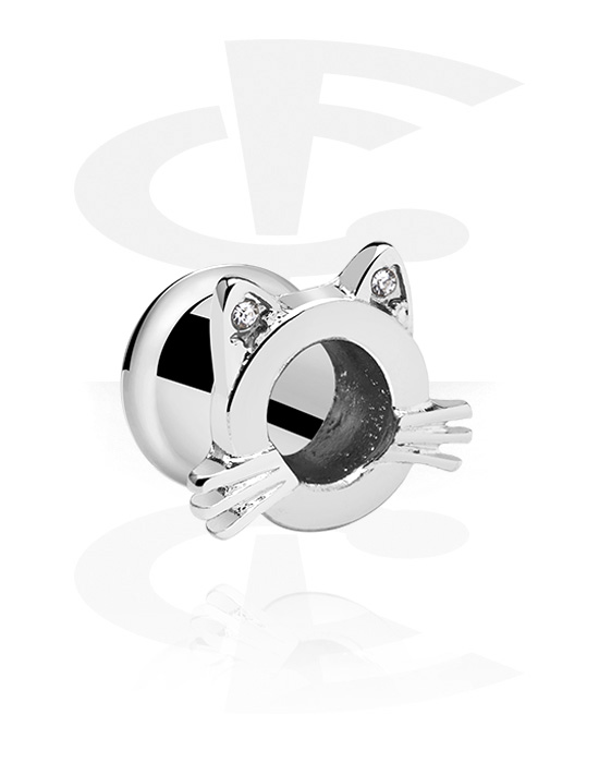Tunnel & Plug, Double flared tunnel (acciaio chirurgico, argento) con design gatto e cristallini, Acciaio chirurgico 316L