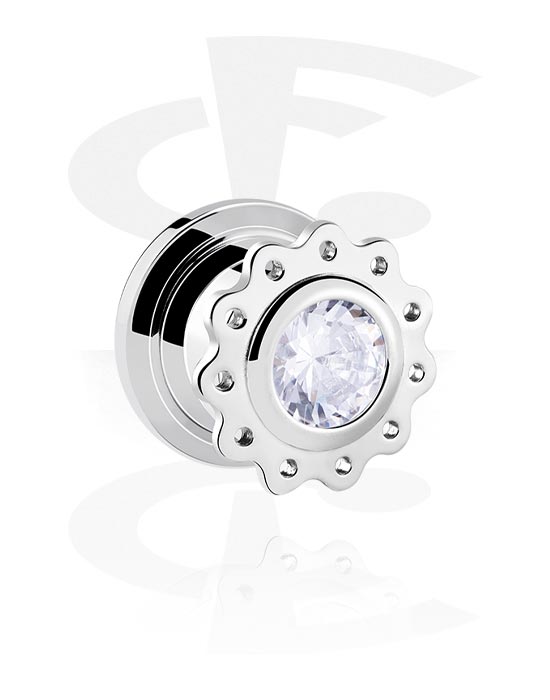 Tunnels & Plugs, Screw-on tunnel (surgical steel, silver, shiny finish) with crystal stone, Surgical Steel 316L