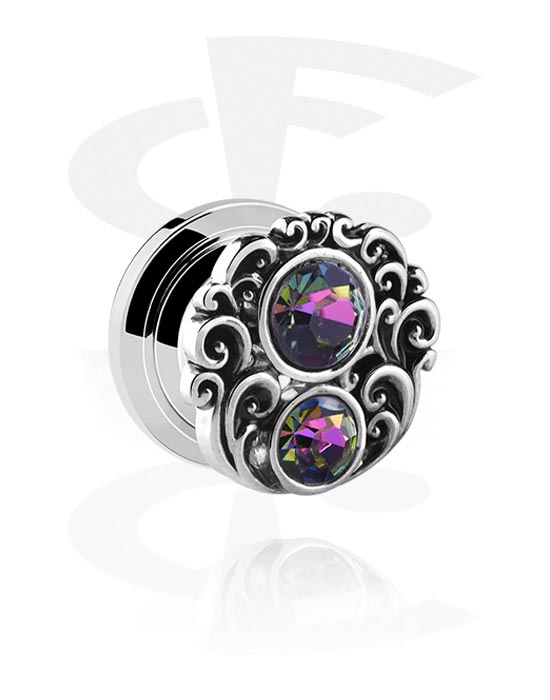 Tunnels & Plugs, Screw-on tunnel (surgical steel, silver, shiny finish) with vintage design and crystal stones, Surgical Steel 316L