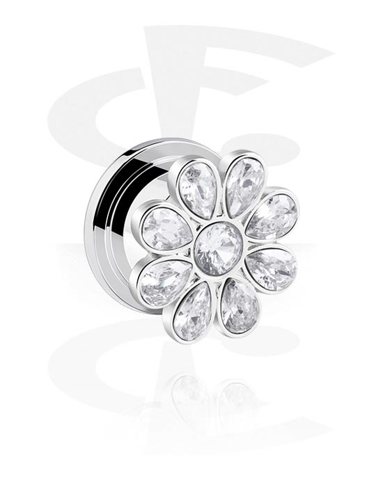 Tunnels & Plugs, Screw-on tunnel (surgical steel, silver, shiny finish) with flower attachment and crystal stones, Surgical Steel 316L