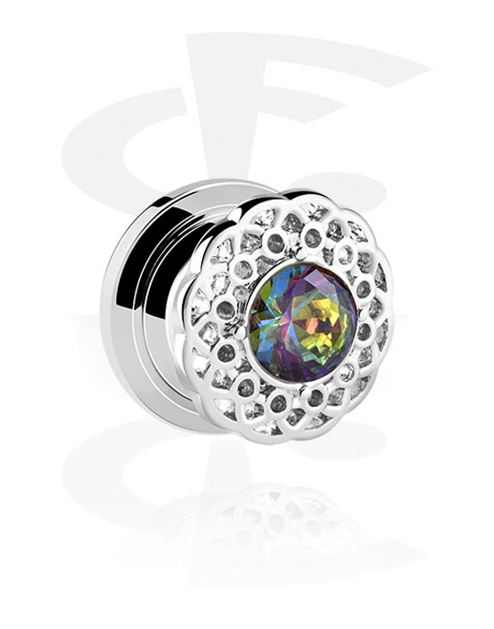 Tunnels & Plugs, Screw-on tunnel (surgical steel, silver, shiny finish) with crystal stone, Surgical Steel 316L