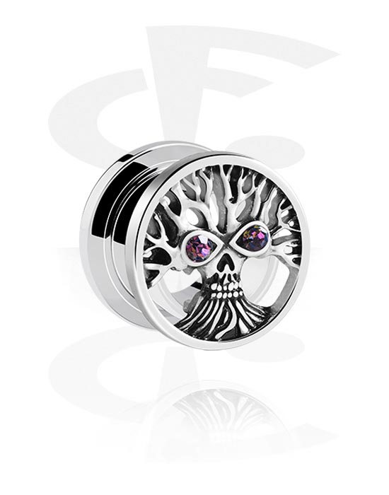 Tunnels & Plugs, Screw-on tunnel (surgical steel, silver, shiny finish) with tree design and crystal stones, Surgical Steel 316L