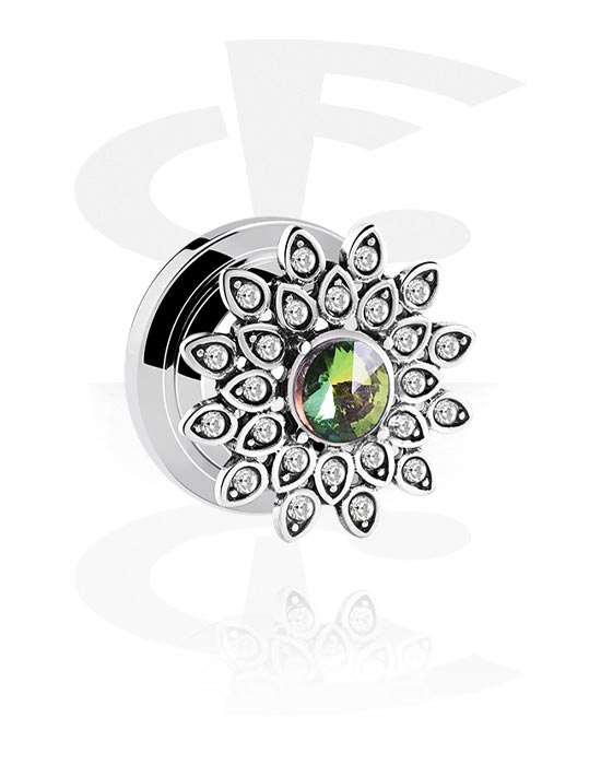 Tunnels & Plugs, Screw-on tunnel (surgical steel, silver, shiny finish) with flower design and crystal stones, Surgical Steel 316L