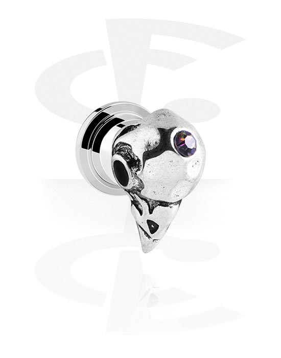 Tunnels & Plugs, Screw-on tunnel (surgical steel, silver, shiny finish) with bird design and crystal stone, Surgical Steel 316L