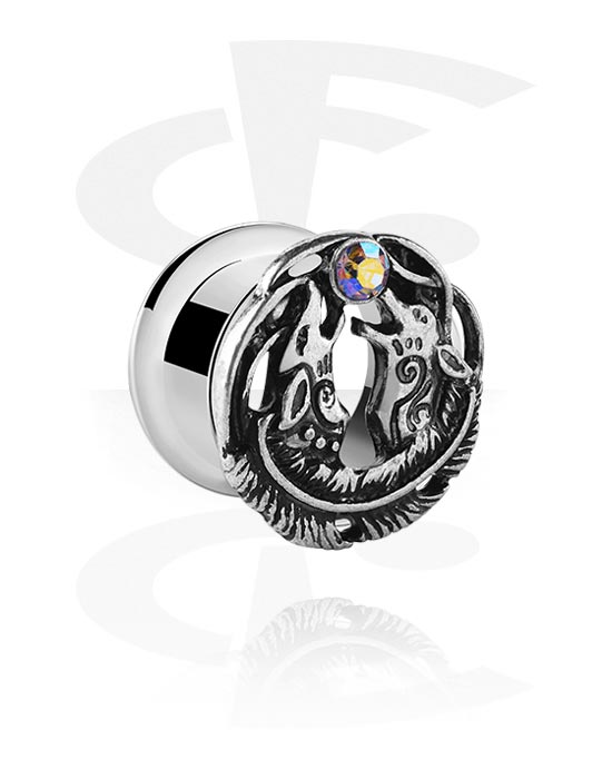 Tunnels & Plugs, Double flared tunnel (surgical steel, silver, shiny finish) with wolf design and crystal stone, Surgical Steel 316L
