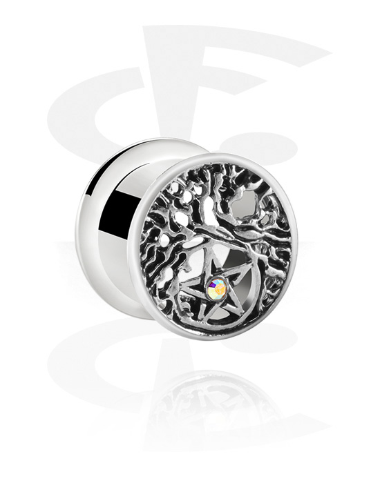 Tunnels & Plugs, Double flared tunnel (surgical steel, silver, shiny finish) with star design and crystal stone, Surgical Steel 316L