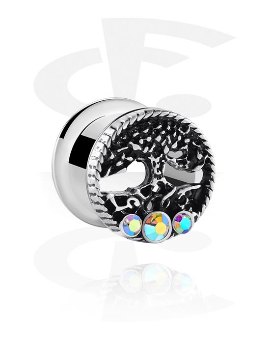 Tunnels & Plugs, Double flared tunnel (surgical steel, silver, shiny finish) with tree design and crystal stones, Surgical Steel 316L