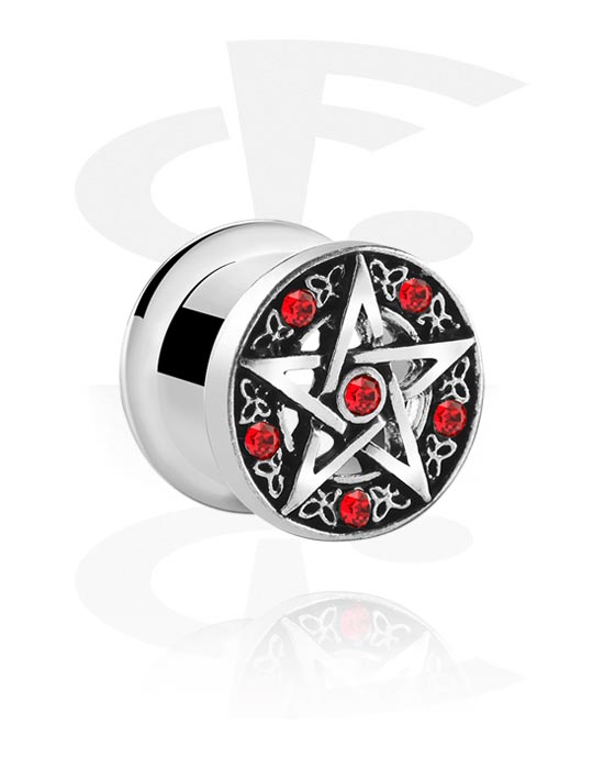 Tunnels & Plugs, Double flared tunnel (surgical steel, silver, shiny finish) with pentagram design and crystal stones, Surgical Steel 316L