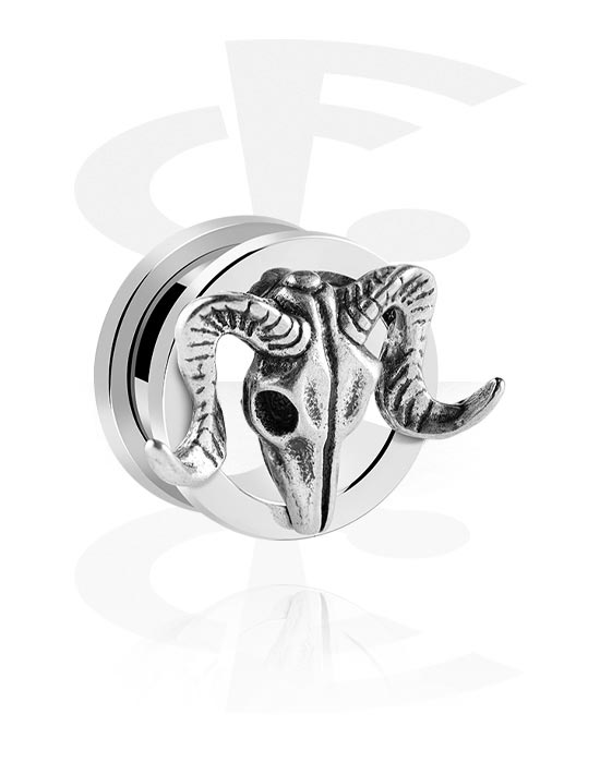 Tunnels & Plugs, Screw-on tunnel (surgical steel, silver, shiny finish) with bull skull design, Surgical Steel 316L