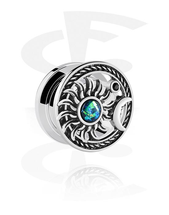 Tunnels & Plugs, Screw-on tunnel (surgical steel, silver, shiny finish) with sun and moon design and mother of pearl stone, Surgical Steel 316L