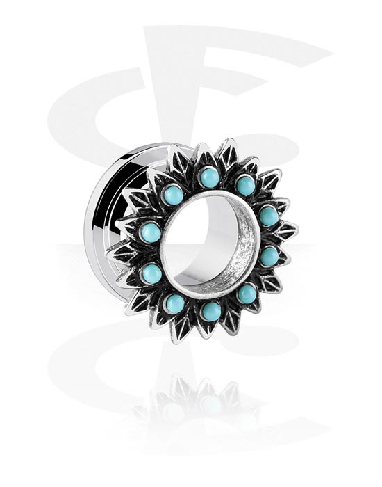 Tunnels & Plugs, Screw-on tunnel (surgical steel, silver, shiny finish) with flower design and turquoise stones, Surgical Steel 316L