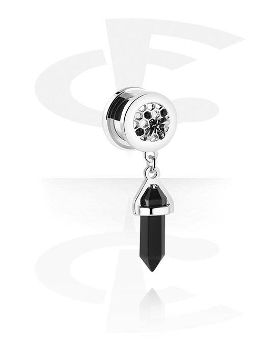 Tunnels & Plugs, Screw-on tunnel (surgical steel, silver, shiny finish) with bee design and pendant, Surgical Steel 316L