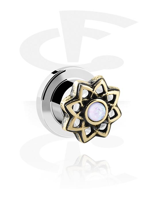 Tunnels & Plugs, Screw-on tunnel (surgical steel, silver, shiny finish) with flower attachment and crystal stone, Surgical Steel 316L