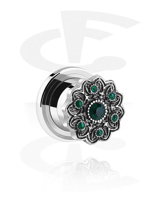 Tunnels & Plugs, Screw-on tunnel (surgical steel, silver, shiny finish) with vintage flower design and crystal stones, Surgical Steel 316L