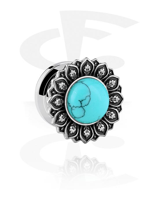 Tunnels & Plugs, Screw-on tunnel (surgical steel, silver, shiny finish) with vintage flower design and turquoise stone, Surgical Steel 316L