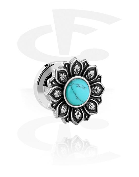 Tunnels & Plugs, Screw-on tunnel (surgical steel, silver, shiny finish) with vintage flower design and turquoise stone, Surgical Steel 316L