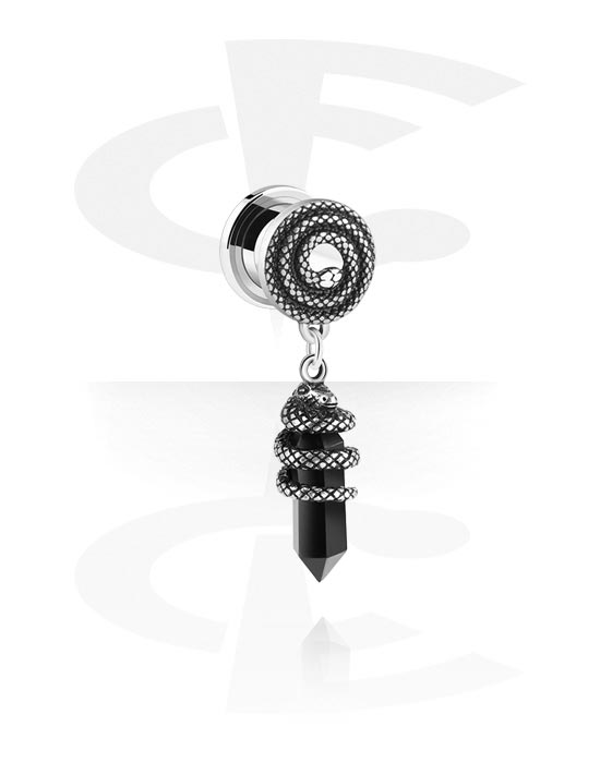 Tunnels & Plugs, Screw-on tunnel (surgical steel, silver, shiny finish) with snake design and pendant, Surgical Steel 316L