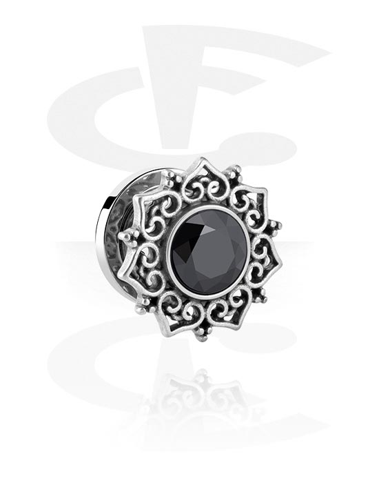 Tunnels & Plugs, Screw-on tunnel (surgical steel, silver, shiny finish) with ornament and crystal stone, Surgical Steel 316L