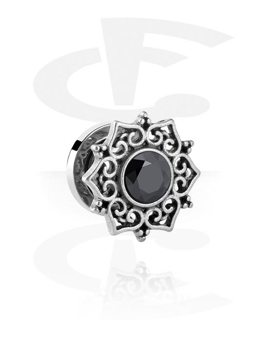Tunnels & Plugs, Screw-on tunnel (surgical steel, silver, shiny finish) with ornament and crystal stone, Surgical Steel 316L