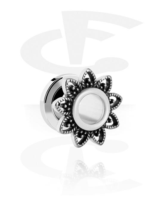 Tunnels & Plugs, Screw-on tunnel (surgical steel, silver, shiny finish) with flower design, Surgical Steel 316L