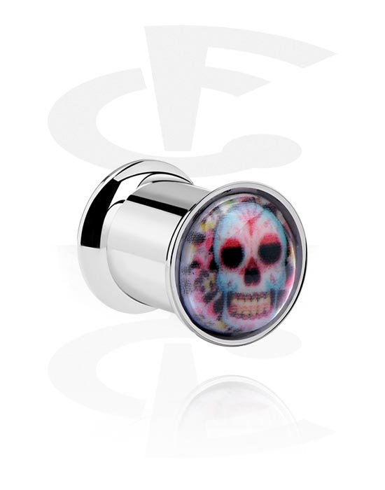 Tunnels & Plugs, Double flared tunnel (surgical steel, silver, shiny finish) with colorful sugar skull "Dia de Los Muertos" design , Surgical Steel 316L