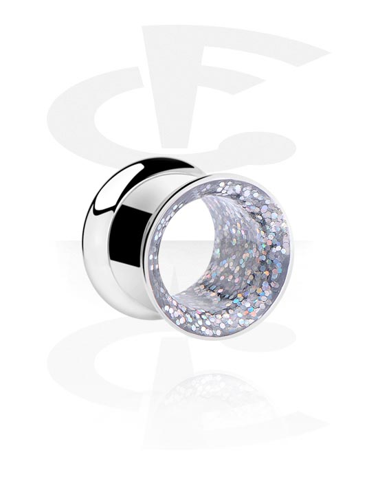 Tunnels & Plugs, Double flared tunnel (surgical steel, silver, shiny finish) with glittery interior ring, Surgical Steel 316L