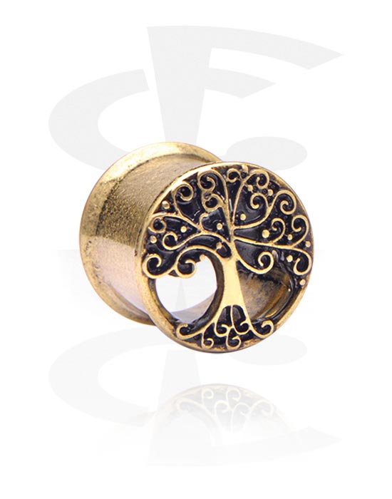 Tunnels & Plugs, Tunnel double flared (acier chirurgical, or antique) avec motif arbre, Acier chirurgical 316L