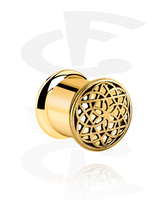 Tunnels & Plugs, Double flared tunnel (surgical steel, gold, shiny finish) with vintage mandala design, Gold Plated Surgical Steel 316L