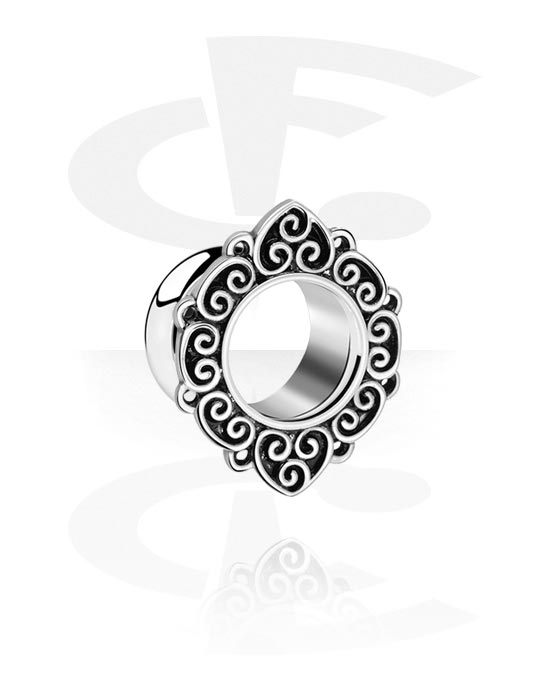 Tunnels & Plugs, Double flared tunnel (chirurgisch staal, zilver, glanzende afwerking) met ornament, Chirurgisch staal 316L
